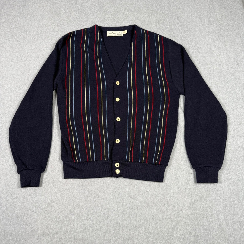 Vintage 70s 80s Sansabelt Golf Navy Blue Striped Grandpa Cardigan Sweater M USA